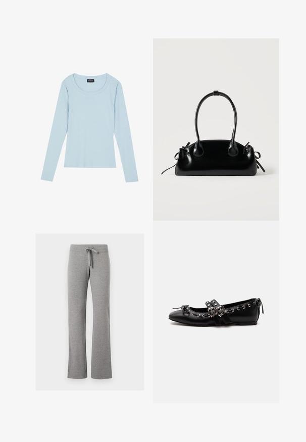 Lichtblauw, lang mouw ribbed top met een ronde halslijn en een aansluitend ontwerp. Zachte textuur met een subtiel patroon dat verticaal loopt.; Grijze sweatpants van een katoenmengsel met een wijdere pijp, een elastische tailleband en een verstelbaar trekkoord. Zachte textuur, gladde afwerking, zonder patronen.; Zwarte platte balletschoen met dubbele gespsluitingen, zilveren oogjes en een klein strikje nabij de afgeronde neus op een witte achtergrond.; Kleine zwarte glanzende handtas met twee lange hengsels en zijkant trekkoord details op een effen lichte achtergrond.