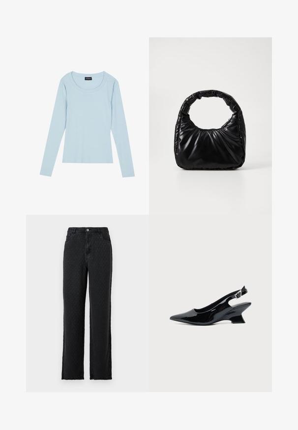 Lichtblauw, lang mouw ribbed top met een ronde halslijn en een aansluitend ontwerp. Zachte textuur met een subtiel patroon dat verticaal loopt.; Zwarte gestructureerde wijde jeans met voorzakken en een knoopsluiting op een effen achtergrond.; Zwarte lakleren slingback schoen met spitse neus en lage schuine blokhak op een effen lichte achtergrond.; Zwarte gevoerde handtas met een ronde handgreep, met een gladde, glanzende oppervlakte en een zachte, gewatteerde textuur. Geen zichtbare metalen onderdelen of accenten.