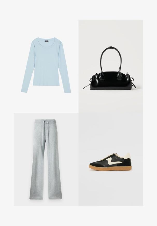 Lichtblauw, lang mouw ribbed top met een ronde halslijn en een aansluitend ontwerp. Zachte textuur met een subtiel patroon dat verticaal loopt.; Grijze flare sweatpants met een geribbelde tailleband en een trekkoord, voorzien van zijzakken en een zachte, gestructureerde stof.; Zwarte suède en leren sneaker met een crèmekleurige zij-swoosh en lichte crèmekleurige hiel. Voorzien van beige veters en een gumrubberen zool.; Kleine zwarte glanzende handtas met twee lange hengsels en zijkant trekkoord details op een effen lichte achtergrond.