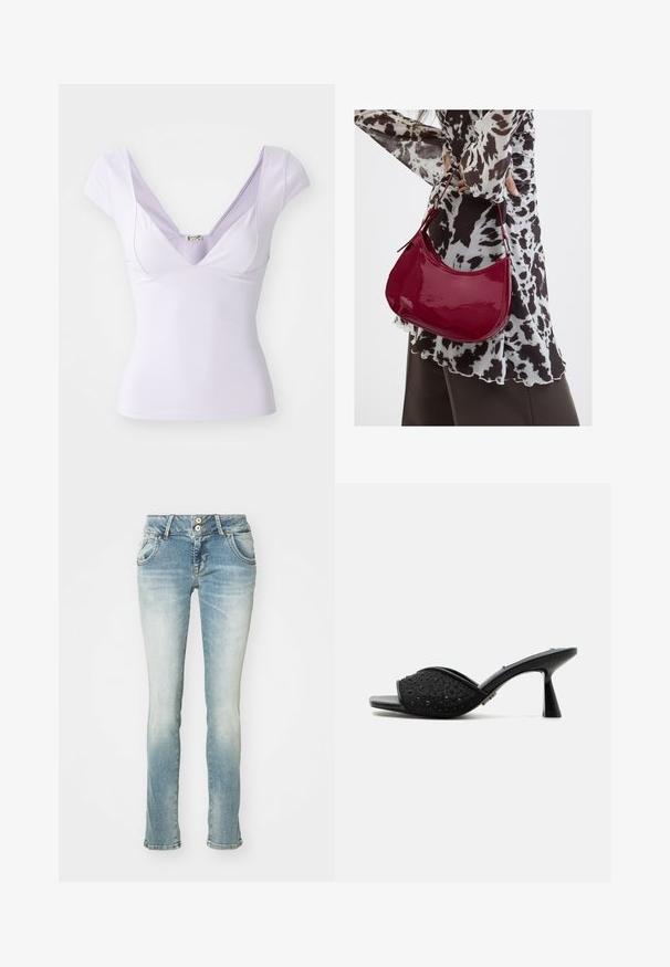 Top lilas à manches courtes avec un décolleté en V profond, un design ajusté, une texture lisse et une étiquette discrète près de l'encolure.; Jeans en denim bleu clair avec une finition délavée, coupe droite, deux poches avant et fermeture à deux boutons à la taille.; Mule à talon noir à bout ouvert avec dessus en mesh orné de petites perles noires et talon bloc évasé.; Femme portant un chemisier à motif noir et blanc tenant un sac à main rouge brillant sur un fond uni.