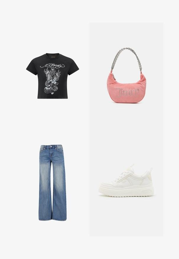 Zwart cropped t-shirt van katoen, met een grijze grafische print van een schedel, slang en vleugels, met het label "New York City."; Wijd gesneden blauwe denim jeans met een lichte wassing, voorzien van een traditionele vijf-pocket stijl, knoopsluiting en subtiele vervaging aan de voorkant.; Witte leren sneakers met een stevige zool, vetersluiting en subtiele branding. Heeft een zachte textuur en een ronde neus.; Juicy Couture KIMBERLY SMALL SET - Handtas - pink