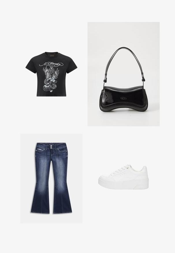 Zwart cropped t-shirt van katoen, met een grijze grafische print van een schedel, slang en vleugels, met het label "New York City."; Donkerblauwe wijde spijkerbroek van denim, met vijf zakken, contraststiksels en een knoopsluiting met decoratieve accenten aan de voorkant.; Witte plateau sneaker met veters aan de voorkant, geperforeerde zijkanten en dikke zool, weergegeven vanaf de buitenkant op een witte achtergrond.; Zwarte laarzen van patentleer met een gebogen vorm, een enkele handgreep en een ronde bodem. Beschikt over een subtiele logodetail aan de voorkant.