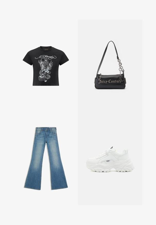 Zwart cropped t-shirt van katoen, met een grijze grafische print van een schedel, slang en vleugels, met het label "New York City."; Blauwe spijkerbroek met uitlopende pijpen, voorzakken en knoopsluiting, afgebeeld tegen een witte achtergrond.; Witte chunky sneakers met een soepel leren bovenwerk, ronde neus en een dikke, gestructureerde zool met een zichtbaar merklogo aan de zijkant.; Zwarte handtas van gestructureerd synthetisch materiaal. Voorzien van een kettingband en het zilveren "Juicy Couture" logo prominent op de voorkant weergegeven.
