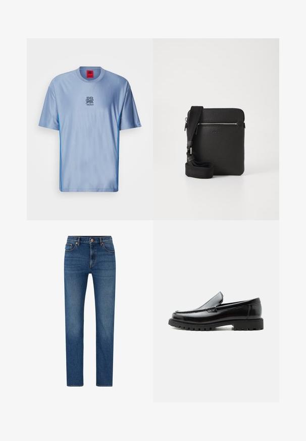 Helles blaues Sport-T-Shirt mit strukturiertem Muster, Rundhalsausschnitt, kontrastierenden blauen Seiteneinsätzen und grauem Logo auf der Brust.; Blaue Jeans aus Denim mit geradem Bein, ausgestattet mit einem Knopfverschluss, fünf Taschen und subtilen Ausbleichungen auf dem Stoff.; Schwarzer Lederloafer mit grober Gummisohle, genähter Oberseite und geprägtem Markennamen an der Ferse, seitlich auf weißem Hintergrund gezeigt.; Schwarze Leder-Umhängetasche mit strukturierten Oberflächen, einem Reißverschluss-Frontfach und einem verstellbaren Stoffgurt. Einfaches quadratisches Design.