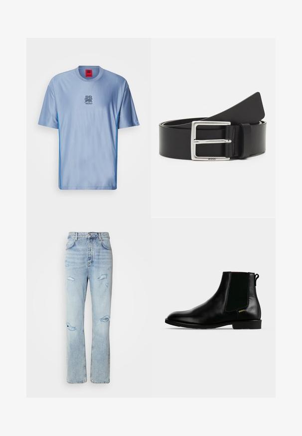 Lyseblå sporty t-shirt med en tekstureret mønster, rund halsudskæring, kontrasterende blå sidelogoer og et grå logo på brystet.; Lysvaskede denimjeans med en afslappet pasform, der har slidte områder og frynsede kanter. Stoffet har en blød, glat tekstur.; Sort læder ankelstøvle med elastisk sidelæpanel, lav hæl, trækflig bagpå og lille gyldent "HUGO" logo på ydersiden.; Sort læderbælte med en rektangulær sølvspænde, har diskret branding og en glat tekstur. Enderne taper af til en rundet finish.