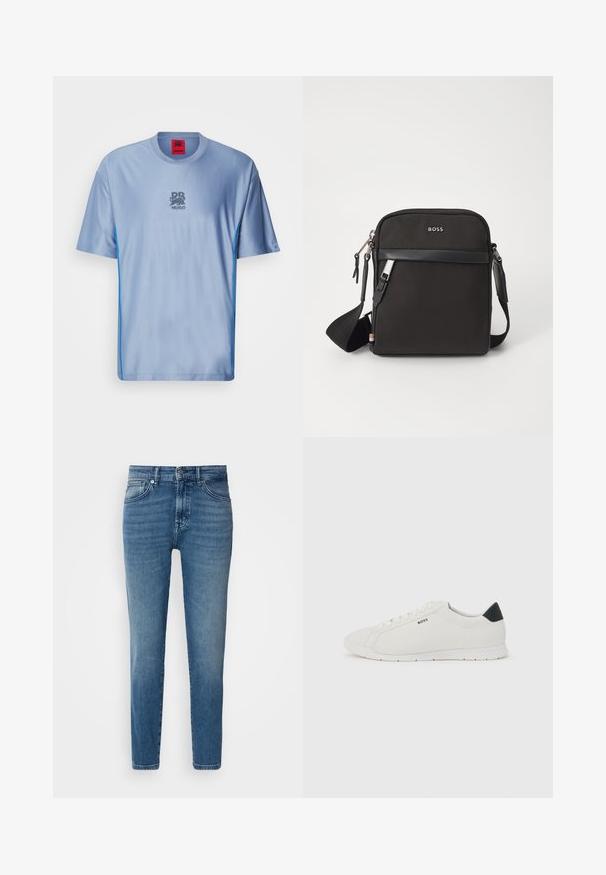 Lichtblauwe sport t-shirt met een gestructureerd patroon, ronde halslijn, contrasterende blauwe zijaccenten en een grijze logo op de borst.; Lichtblauwe denim jeans met een rechte pasvorm, traditionele vijf-pocket stijl, metalen knoopsluiting en subtiele vervaging aan de voorkant.; Witte lage sneaker met zwart hielstuk, witte veters en een "BOSS"-logo aan de zijkant, afgebeeld tegen een effen lichte achtergrond.; Zwarte schoudertas van textuurstof, met logo aan de voorkant, ritssluiting en verstelbare schouderband. Voorzien van een gladde leren rand.