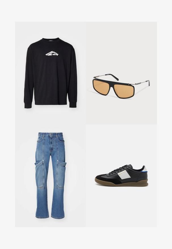 T-shirt noir à manches longues en coton, avec un logo blanc sur la poitrine. Encolure ronde classique et poignets côtelés.; Pantalons cargo en denim bleu clair avec taille haute, plusieurs poches latérales et jambes évasées, avec des coutures contrastées et une fermeture éclair.; Baskets en cuir noir et en nubuck avec un panneau gris, semelle en caoutchouc marron et accent bleu sur le talon. Elles disposent de lacets et d'un logo embossé.; Lunettes de soleil à monture noire avec des verres rectangulaires teintés orange et des branches métalliques fines reposant sur une surface blanche.