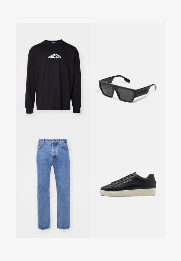T-shirt noir à manches longues en coton, avec un logo blanc sur la poitrine. Encolure ronde classique et poignets côtelés.; Won Hundred STEVE - Jean boyfriend - cut blue; Sneaker en cuir noir avec une finition lisse, semelle crème contrastante, bout arrondi, logo doré sur le côté et six œillets pour les lacets.; Lunettes de soleil noires avec une forme rectangulaire, finition mate et verres gris. Équipées d'un logo en relief sur les branches. Design classique.