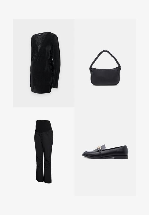 Haut de maternité noir à manches longues en texture côtelée, avec un décolleté en V profond et un design de taille froncée pour un ajustement confortable.; Pantalon de maternité noir avec une taille haute élastique, un design à jambe droite et une texture lisse. Aucun motif ni détail matériel visible.; Mocassin en cuir noir avec talon bas et détail de chaîne dorée sur le dessus, vu de côté sur un fond uni clair.; Sac à main noir de forme arrondie, en matériau lisse. Équipé d'une poignée tressée et d'une fermeture éclair pour un rangement sécurisé.