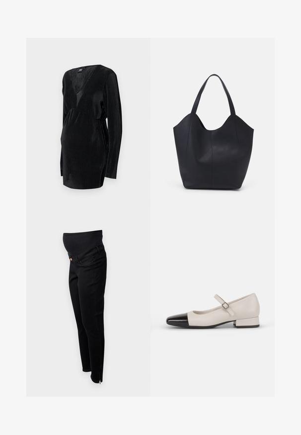 Musthave, mustaega rihmedega must top, mis on pikkade varrukatega, sügava V-kujulise kaelusega ja kogutud vöökoht, tagades mugava istuvuse.; Mustad mustriksid, millel on venitav üle kõhu vöökoht, kitsas lõige, pahkluu tõmblukud ja klassikaline viie tasku disain. Pehme denimpind.; Kreemivärvi nahast Mary Jane stiilis kingad musta läikiva toe'ga. Omab ümmargust varvast, pahkluule paelaga vöö, madalat ploki kontsa.; Must must kinnas must rinna, millel on kaarjas avatud ülemine osa, kaks õlarihma ja minimalistlik disain.