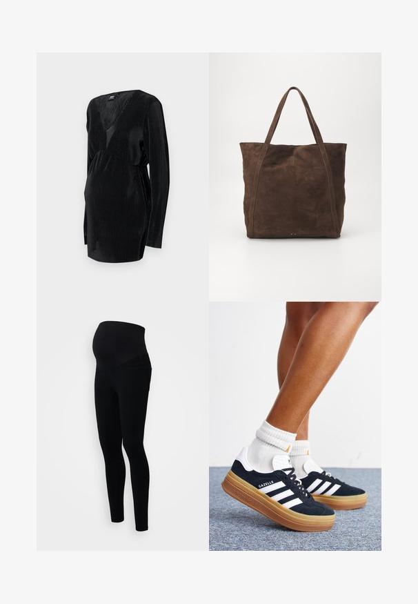 Haut de maternité noir à manches longues en texture côtelée, avec un décolleté en V profond et un design de taille froncée pour un ajustement confortable.; Leggings de maternité noirs avec une taille haute pour le soutien, un design ajusté et un tissu doux et extensible pour plus de confort.; Jambes portant des chaussettes blanches et des baskets Adidas Gazelle noires avec des bandes blanches et des semelles épaisses marron sur un sol recouvert de moquette grise.; Sac fourre-tout en daim marron avec de longues poignées, présentant un design simple et dépouillé ainsi que de subtils détails de couture aux coutures.