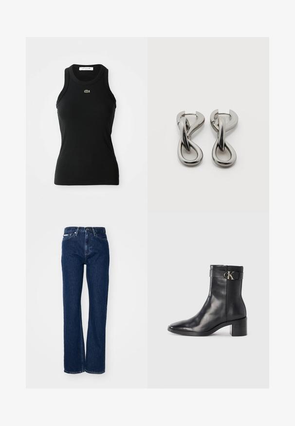 Zwart mouwloos geribbeld tanktop met een ronde hals en een klein groen Lacoste krokodillenlogo gecentreerd onder de halslijn.; Donkerblauwe denim jeans met rechte pijpen, knoopsluiting en vijf zakken. De stof heeft een lichte textuur met subtiele stikseldetails.; Zwarte leren enkellaars met een spitse neus, blokhak en een bandje met een metallic logo. Gladde textuur en minimalistisch ontwerp.; Set zilverkleurige metalen oorbellen met een abstract ontwerp van in elkaar grijpende lussen op een witte achtergrond.
