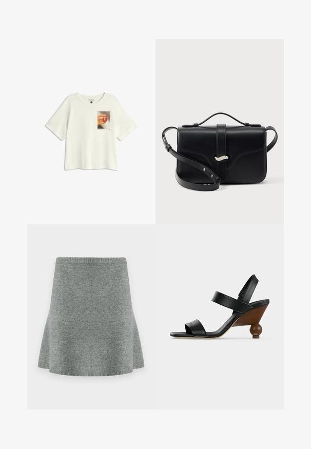 T-shirt blanche à manches courtes en coton avec un imprimé sur la poitrine d'une main tenant un fruit en forme de cœur sur un fond clair.; Jupe grise tricotée avec une coupe évasée et une ceinture côtelée, présentant une texture douce sans motifs visibles ni accessoires métalliques.; Sandale noire en cuir à bout ouvert avec deux brides et un talon compensé en bois avec une base ronde en forme de boule.; Sac bandoulière en cuir noir avec poignée supérieure, fermeture argentée et bandoulière ajustable sur fond blanc.