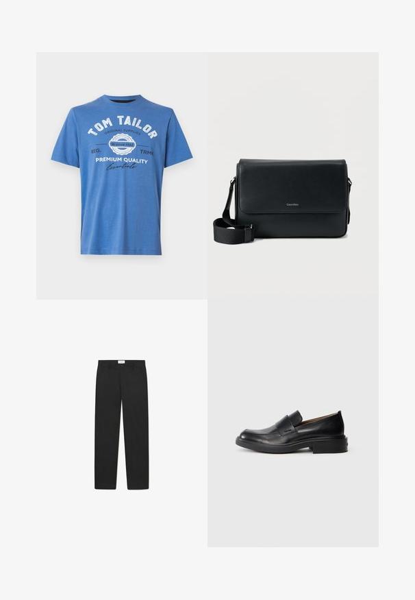 Camiseta de algodón de manga corta en color azul. Presenta texto impreso con "TOM TAILOR" y logo. Cuello redondo clásico y dobladillo recto.; Pantalones negros con un diseño de pierna recta, hechos de una tela de textura suave, que cuentan con dos bolsillos frontales y una cinturilla estándar.; Zapato de vestir negro de cuero sin cordones con tacón bajo y un sutil logo de Calvin Klein en el lateral, mostrado en perfil sobre un fondo blanco.; Bolso mensajero de cuero negro con acabado texturizado, correa ajustable y solapa frontal con un logo sutil. Forma compacta y rectangular.