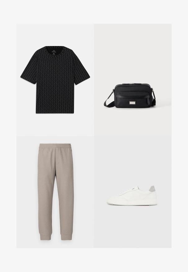 T-shirt noir avec un motif texturé de logos 'A' alternés, manches courtes et col rond. Fabriqué en tissu léger.; Pantalon de survêtement beige fuselé en tissu doux avec une taille élastique et un motif texturé subtil sur toute la surface. Conçu pour le confort et la polyvalence.; Baskets basses blanches avec un onglet de talon gris, des lacets blancs et une semelle texturée, présentées sur un fond uni clair.; Sac bandoulière rectangulaire noir avec poche avant zippée, sangle réglable et plaque logo rectangulaire argentée sur fond uni.