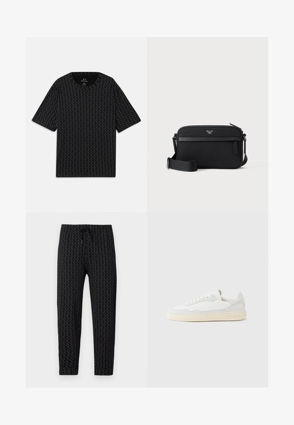 T-shirt noir avec un motif texturé de logos 'A' alternés, manches courtes et col rond. Fabriqué en tissu léger.; Armani Exchange AX LOGO SWEAT PANTS - Pantalon de survêtement - black; Baskets blanches avec dessus en daim et cuir texturé. Caractérisées par un bout arrondi, une fermeture à lacets et une semelle en caoutchouc beige contrastante.; Sac bandoulière rectangulaire noir avec poche avant zippée, sangle réglable et petit logo métallique en haut au centre.