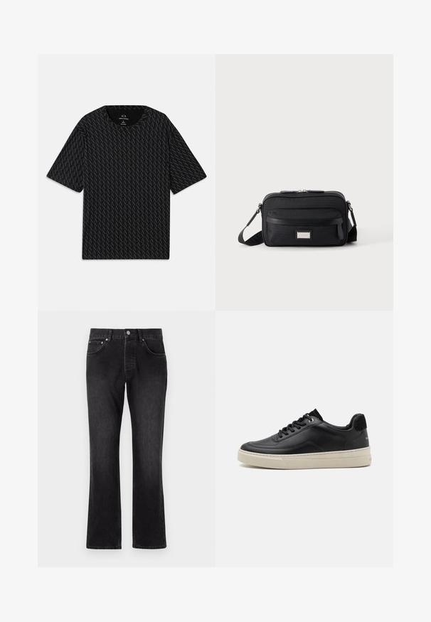 Camiseta negra con un patrón texturizado de logos 'A' alternados, mangas cortas y escote redondo. Fabricada con tejido ligero.; Pantalones vaqueros de denim negro con un diseño de pierna recta, presentando una cintura de altura media, bolsillos delanteros y un cierre clásico de botón.; Zapatilla de cuero negra con un perfil bajo, que presenta una suela de goma color crema, punta redonda y diseño de cordones, acentuada con un talón de ante negro.; Bolso bandolera rectangular negro con bolsillo frontal con cremallera, correa ajustable y placa de logo rectangular plateada sobre fondo liso.