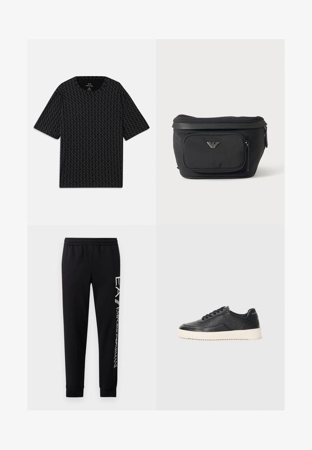 T-shirt noir avec un motif texturé de logos 'A' alternés, manches courtes et col rond. Fabriqué en tissu léger.; Pantalons de survêtement noirs en mélange de coton, dotés d'une taille élastique, de jambes fuselées, de poignets côtelés et d'un imprimé logo blanc sur le côté.; Baskets en cuir noir avec finition texturée, bout rond et semelle plate en caoutchouc blanc. Présentent des lacets noirs et un logo sur le talon.; Sac banane noir avec poche avant zippée et logo aigle argenté, tissu lisse avec bordure texturée et tirettes de fermeture éclair.