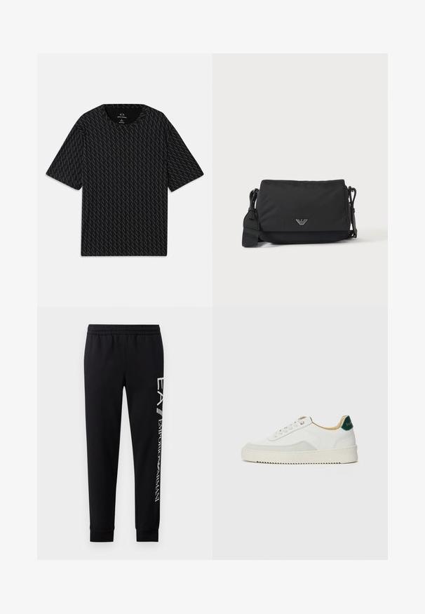T-shirt noir avec un motif texturé de logos 'A' alternés, manches courtes et col rond. Fabriqué en tissu léger.; Pantalons de survêtement noirs en mélange de coton, dotés d'une taille élastique, de jambes fuselées, de poignets côtelés et d'un imprimé logo blanc sur le côté.; Baskets blanches avec des accents en daim, bout arrondi, lacets plats et semelle en caoutchouc crème. Présente une marque verte sur le talon.; Sac bandoulière noir avec sangle réglable et petit emblème logo argenté sur le rabat avant, présenté sur un fond clair uni.