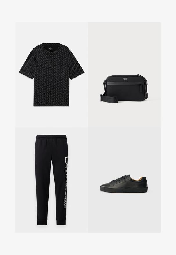 Camiseta negra con un patrón texturizado de logos 'A' alternados, mangas cortas y escote redondo. Fabricada con tejido ligero.; Pantalones de chándal negros hechos de una mezcla de algodón, con una cinturilla elástica, piernas estrechas, puños acanalados y estampado de logo blanco en el lateral.; Zapatilla negra de cuero de caña baja con superficie texturizada, cordones negros y suela de goma gruesa, mostrada de lado sobre un fondo claro.; Bolso bandolera rectangular negro con bolsillo frontal con cremallera, correa ajustable y pequeño logo metálico en el centro superior.