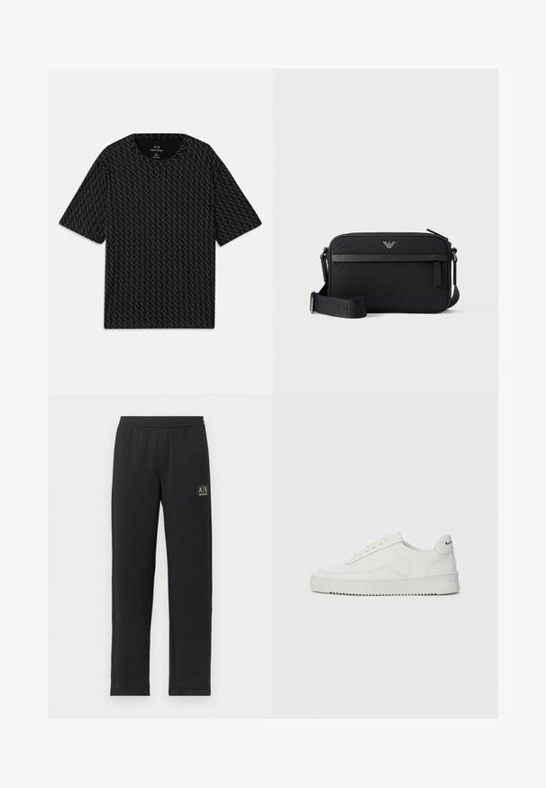 Schwarzes T-Shirt mit einem strukturierten Muster von abwechselnden "A"-Logos, kurzen Ärmeln und rundem Halsausschnitt. Hergestellt aus leichtem Stoff.; Schwarze Sweatpants mit geradem Bein, elastischem Bund und schwarzem Patch-Logo auf dem oberen linken Oberschenkel.; Weiße Ledersneaker mit glatter Oberfläche, runder Zehenpartie, flachen Schnürsenkeln und strukturiertem Sohlenprofil. Mit einem dezenten Logo an der Ferse.; Schwarze rechteckige Umhängetasche mit vorderer Reißverschlusstasche, verstellbarem Schultergurt und kleinem Metalllogo oben in der Mitte.