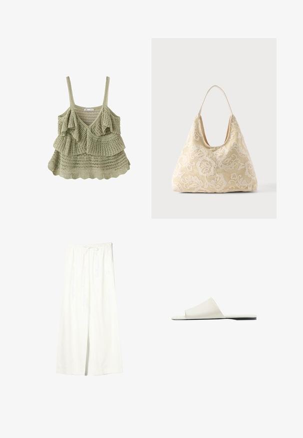 Haut sans manches au crochet vert clair avec des couches à volants, un col en V et des bretelles fines.; Pantalon en lin blanc à jambes larges avec taille élastique et cordon de serrage, doté de poches latérales et d'une fente à l'avant.; Sandale blanche à enfiler avec une large bride unique et une semelle plate, vue de côté sur fond blanc.; Sac fourre-tout en tissu couleur crème avec motif crochet floral blanc et une seule fine bandoulière sur fond uni.