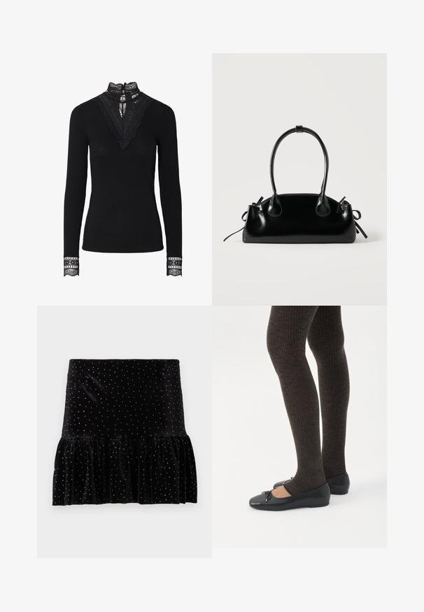 Top negro de canalé de manga larga con cuello alto de encaje, detalle de encaje en forma de V en el frente y puños de encaje en las mangas.; Falda de terciopelo negro con dobladillo rizado, adornada con manchas plateadas. Presenta una cintura ajustada y una textura suave.; Piernas con leggings oscuros acanalados combinados con bailarinas negras que presentan pequeños detalles de lazo sobre un fondo blanco.; Pequeño bolso negro brillante con dos asas largas y detalles de cordón lateral sobre un fondo claro liso.