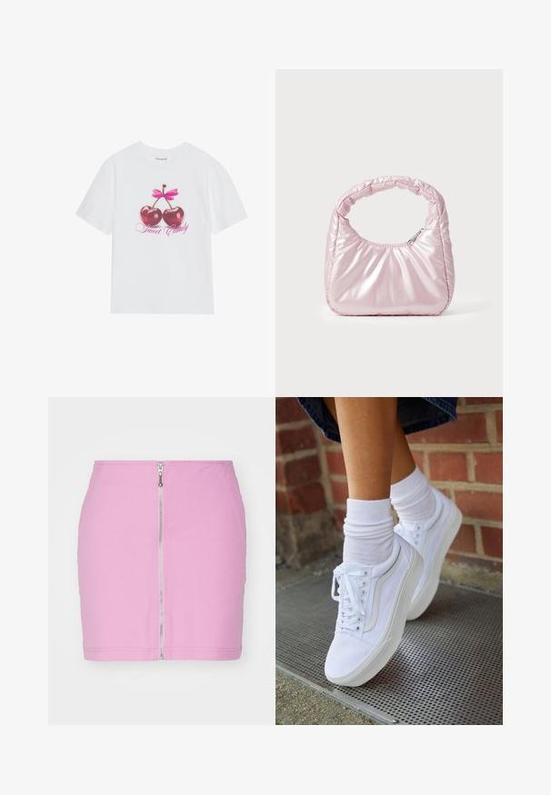 T-shirt en coton blanc mettant en avant un design graphique de deux cerises rouges brillantes avec un nœud rose au-dessus et le texte "Douce Friandise" en rose.; Mini jupe en denim rose avec fermeture éclair à l'avant, design ajusté et finition nette à l'ourlet. Couleur unie, simple, sans motifs.; Baskets en toile blanches avec semelles en caoutchouc, dotées de six œillets, d'un bout rond et de détails de couture légers, portées avec des chaussettes blanches mi-mollet.; Sac à main rose rembourré avec un design arrondi, fabriqué à partir d'un matériau brillant. Dispose d'une poignée froncée et d'une fermeture éclair pour un accès sécurisé.