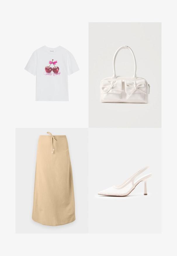 T-shirt en coton blanc mettant en avant un design graphique de deux cerises rouges brillantes avec un nœud rose au-dessus et le texte "Douce Friandise" en rose.; Jupe en lin beige avec une taille à cordon de serrage, présentant une texture lisse et un ourlet arrondi. Décorée de petites perles décoratives sur les liens.; Escarpin à talon haut et bride arrière à bout pointu blanc, avec une tige en résille de dentelle et un talon fin, sur un fond gris clair uni.; Sac à main synthétique blanc avec deux poches avant, chacune ornée d'un nœud noué. Texture lisse, anses arrondies et fermeture zippée.