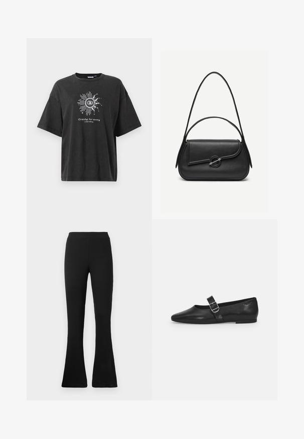 Schwarzes T-Shirt mit kurzen Ärmeln und rundem Ausschnitt. Verziert mit einem weißen Grafikdesign einer Sonne und dem Text "Dankbar für jedes kleine Ding." Aus weichem Stoff.; Schwarze, gerippte, ausgestellte Hosen mit hoher Taille. Weiches, elastisches Material sorgt für eine figurbetonte Silhouette und einen ausgestellten Saum für Stil und Komfort.; Schwarzer Lederflatschuh mit runder Zehenform, einem verstellbaren Schnallenriemen und einer glatten, glänzenden Oberfläche. Minimalistisches Design mit einem niedrigen Absatz.; Schwarze Lederhandtasche mit abgerundeten Kanten, asymmetrischem Überschlag, metallfarbenem runden Verschluss und kurzen sowie langen Schulterriemen.