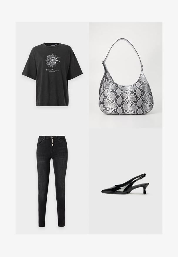 Camiseta negra de manga corta con cuello redondo. Presenta un gráfico blanco de un sol y el texto "Agradecido por cada pequeña cosa". Tejido suave.; Vaqueros skinny negros de talle alto con cuatro botones blancos visibles y bolsillos delanteros, mostrados sobre un fondo liso gris claro.; Zapatos de charol negro tipo slingback con punta afilada y tacón bajo. Correa ajustable con hebilla en el tobillo.; Bolso de hombro con estampado de serpiente en blanco y negro, de forma redondeada, textura suave y correa curvada. Presenta un acento de hardware plateado.