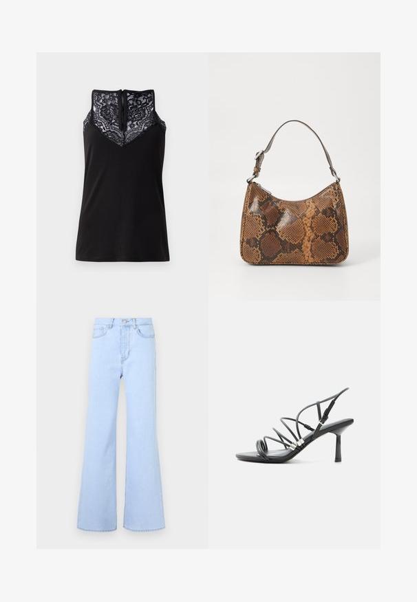 Sort tanktop med blondeoverlay ved udskæringen, med et V-formet design og en lynlås i ryggen. Glat stoftekstur.; Lyseblå flagrende jeans med høj talje, der har fem lommer, knaplukning og en glat denimstruktur. Kanten er pænt syet.; Sort højhælet sandal med tynde buede remme, sølv accenter og en justerbar ankelspænde på en hvid baggrund.; Lille håndtaske med brun og sort slangeskinn mønster, kort justerbar rem og lynlåslukning.