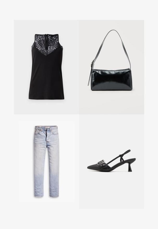 Sort tanktop med blondeoverlay ved udskæringen, med et V-formet design og en lynlås i ryggen. Glat stoftekstur.; Lyseblå denimjeans med lige ben, der har en knaplukning, fem lommer og en diskret falmning langs benene.; Simmi London DALA - Pumps - black; Sort rektangulær skuldertaske med en enkelt justerbar rem og lynlås i toppen på en ensfarvet baggrund.
