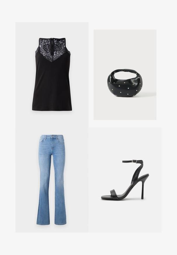 Sort tanktop med blondeoverlay ved udskæringen, med et V-formet design og en lynlås i ryggen. Glat stoftekstur.; Lysblå flagrende jeans med mellemhøj talje, klassisk fem-lomme design og subtil fading langs benene. Denim stoftekstur.; Sort højhælet sandal med en slank ankelrem og to forreste bånd. Lavet af glat læder med en slank spids tå og stilettohæl.; Sort læderhåndtaske med en rundet form, dekoreret med sølvnitter, og et kort håndtag. Glat tekstur og lynlåslukning.