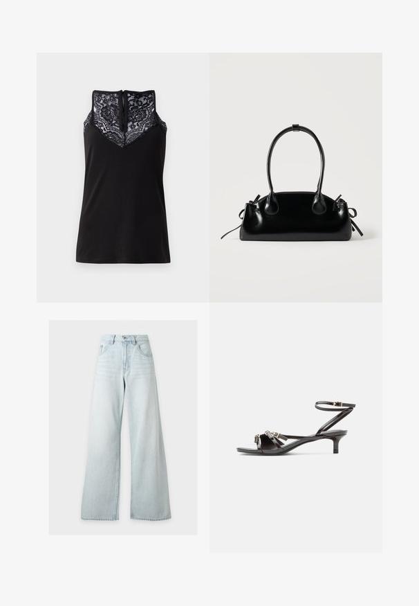Sort tanktop med blondeoverlay ved udskæringen, med et V-formet design og en lynlås i ryggen. Glat stoftekstur.; Lyseblå højhåndede vidde jeans med forreste knap og lynlås, forlommer og bæltestropper på hvid baggrund.; Sort sandaler i laklæder med tynde stropper, lille kitten-hæl og justerbar ankelspænde.; Lille sort blank håndtaske med to lange håndtag og snøre-detaljer i siden på en ensfarvet lys baggrund.