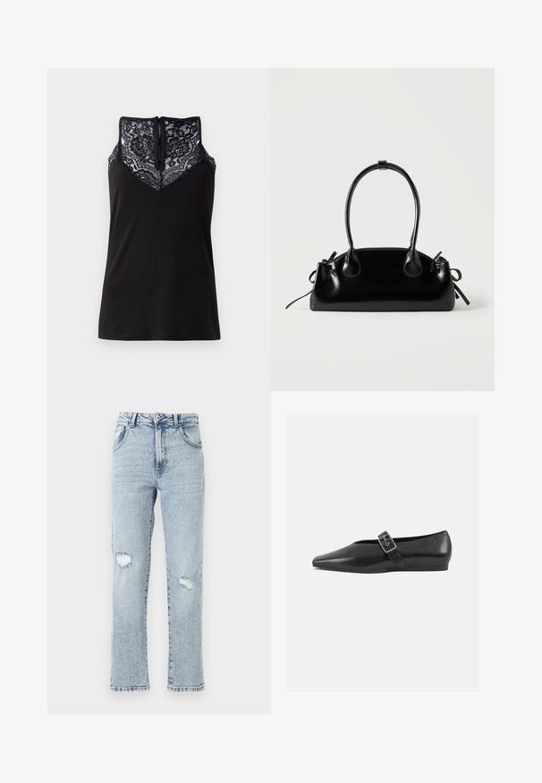 Sort tanktop med blondeoverlay ved udskæringen, med et V-formet design og en lynlås i ryggen. Glat stoftekstur.; Lysblå denimjeans med en afslappet pasform, der har to knærevner, fem lommer og en frynset kant. Knap- og lynlåslukning.; Sorte læder flade sko med spidse tæer, prydet med en metallisk spænde over vristen og en lav, fleksibel sål.; Lille sort blank håndtaske med to lange håndtag og snøre-detaljer i siden på en ensfarvet lys baggrund.