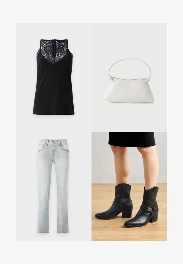 Sort tanktop med blondeoverlay ved udskæringen, med et V-formet design og en lynlås i ryggen. Glat stoftekstur.; Lyseblå denim jeans med en udvidet ben-design, der har to frontlommer, en knaplukning med to knapper og diskrete falmede detaljer.; Sorte læder ankelstøvler med spids tå, lynlås lukning, buet hæl og en dekorativ rem med metal detaljer.; Hvid fletlæderhåndtaske med afrundet håndtag og ender på remmen, der er knyttet, vist mod en ensfarvet baggrund.