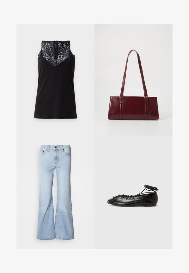 Sort tanktop med blondeoverlay ved udskæringen, med et V-formet design og en lynlås i ryggen. Glat stoftekstur.; Lyseblå vidde jeans med højtaljet design, lavet af denimstof, fem lommer og knaplukning. Benene er vide og har en let falmet finish.; Sorte balletflade sko i laklæder med rundet tå, snørelukning og flad sål. Glat tekstur med få detaljer.; Bordeaux håndtaske lavet af glansfuldt materiale, rektangulær form, med to skulderremme og subtile buede detaljer på forsiden.