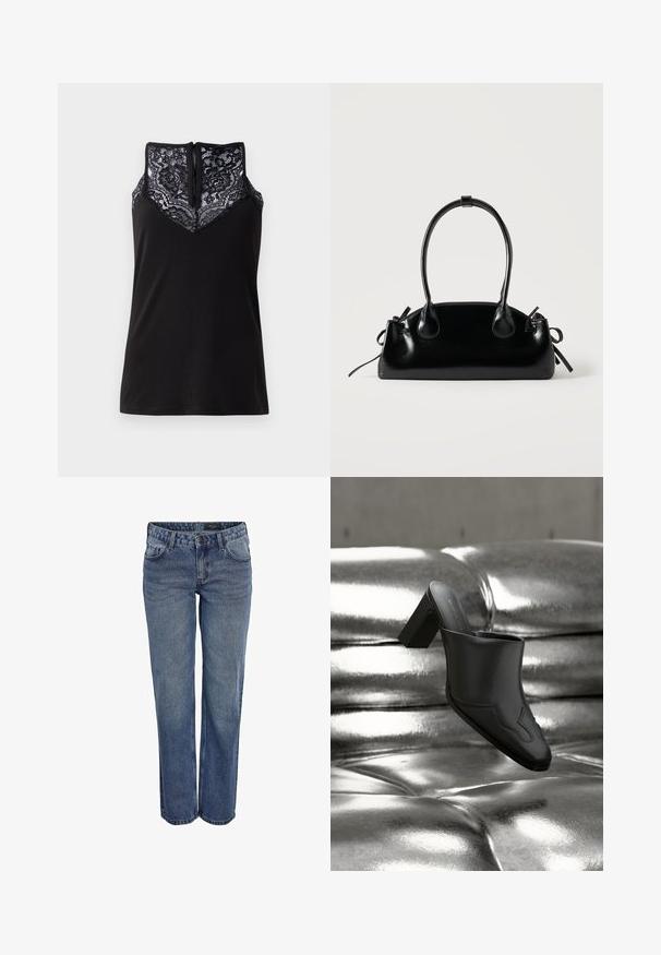 Sort tanktop med blondeoverlay ved udskæringen, med et V-formet design og en lynlås i ryggen. Glat stoftekstur.; Blå denim jeans med en lige benudskæring, der har et klassisk fem-lomme design, diskrete stikninger og en knaplukning.; Sort lædermule med blokhæl hvilende på en skinnende sølvpolstret overflade, der fremhæver dens elegante design og buede detaljer.; Lille sort blank håndtaske med to lange håndtag og snøre-detaljer i siden på en ensfarvet lys baggrund.