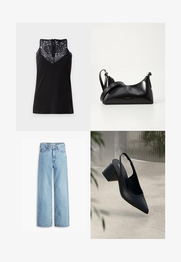 Sort tanktop med blondeoverlay ved udskæringen, med et V-formet design og en lynlås i ryggen. Glat stoftekstur.; Højtaljede, lyseblå, vide bukser med knap og lynlås fortil, bæltestropper og fem lomme-stil.; Sort læder slingback hæl med spids tå og blokhæl. Glat tekstur, minimalistisk design og justerbar ankelrem.; Sort læderhåndtaske med en glat tekstur. Har en justerbar stropp og et enkelt, minimalistisk design med lynlås.
