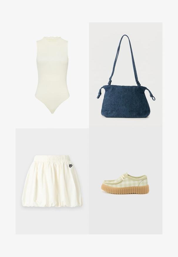 Body sin mangas blanco con un escote alto, con un borde con volantes, hecho de material elástico de canalé, con una silueta ajustada.; Falda blanca de Nike con cintura elástica y dobladillo sutilmente fruncido, con pequeño logo negro de Nike en el lado derecho.; Zapatilla informal de corte bajo con parte superior de tela a cuadros beige y blanca, cordones beige y suela de goma marrón clara gruesa con ranuras.; Bolso de hombro de mezclilla azul oscuro con extremos de correa anudados y forma rectangular simple sobre un fondo blanco.