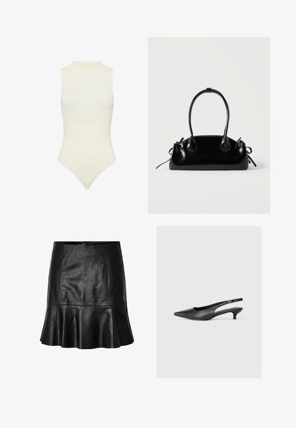 Body sin mangas blanco con un escote alto, con un borde con volantes, hecho de material elástico de canalé, con una silueta ajustada.; Minifalda de cuero negro con dobladillo acampanado y detalles de costura visibles, con cierre de cremallera en la parte trasera.; Zapato de tacón slingback negro de punta afilada, hecho de cuero suave. Presenta un tacón delgado y un detalle de hebilla en la correa ajustable.; Pequeño bolso negro brillante con dos asas largas y detalles de cordón lateral sobre un fondo claro liso.