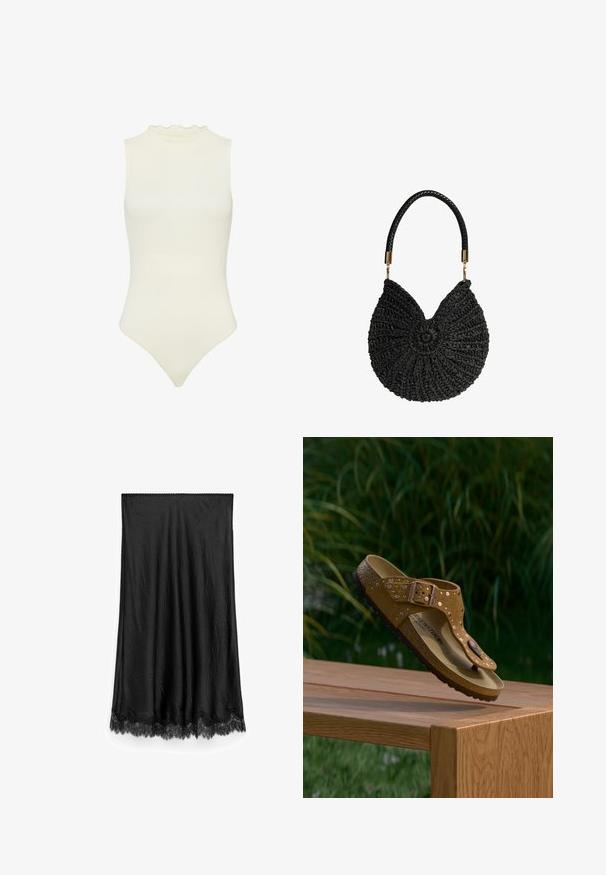Body sin mangas blanco con un escote alto, con un borde con volantes, hecho de material elástico de canalé, con una silueta ajustada.; Falda negra con textura arrugada y borde de encaje en el dobladillo. Cuenta con una cinturilla suave y llega hasta la mitad de la pierna.; Sandalia Birkenstock de ante marrón con hebilla y tachuelas flotando sobre un banco de madera, con césped verde y plantas al fondo.; Bolso circular negro tejido con patrón trenzado y asa corta negra trenzada sujeta por herrajes en tono dorado.
