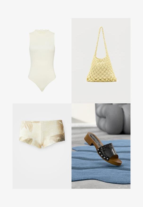 Bodysuit blanc sans manches avec un col haut, orné d'une bordure à volants, fabriqué en matériau côtelé extensible, avec une silhouette ajustée.; Shorts tricotés en beige clair avec un motif floral. Dotés d'une surface texturée et d'un ourlet festonné. Tissu doux et léger.; Sandale à slide en cuir verni noir avec semelle en bois et clous ressemblant à des perles, posée sur un tapis bleu texturé avec un canapé gris flou en arrière-plan.; Sac en filet macramé jaune avec longue bandoulière et pochette beige à l'intérieur, présenté sur un fond blanc uni.