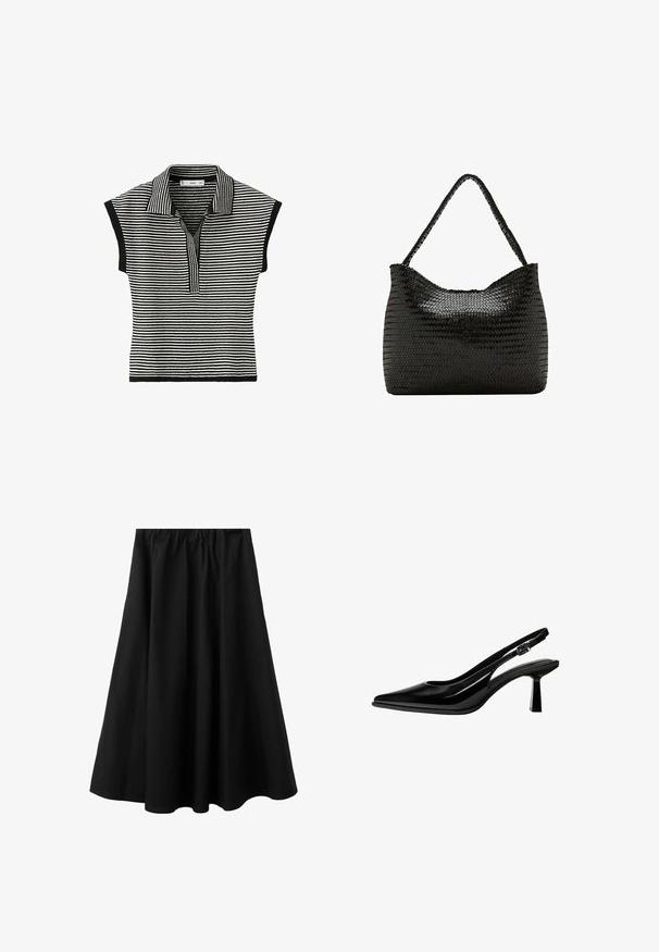Haut tricoté à manches courtes rayé noir et blanc avec un col et une patte de boutonnage à l'avant, orné d'une bordure noire aux manches et à l'ourlet.; Jupe midi noire avec taille élastique et légère évasement, en tissu lisse adaptée pour un usage décontracté ou formel.; Escarpin slingback en cuir verni noir avec bout pointu, talon bloc de hauteur moyenne et bride réglable à boucle sur fond blanc.; Sac bandoulière en cuir noir tressé avec une lanière unique tressée et une forme douce et rectangulaire arrondie.