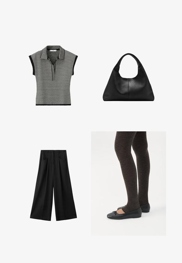 Haut tricoté à manches courtes rayé noir et blanc avec un col et une patte de boutonnage à l'avant, orné d'une bordure noire aux manches et à l'ourlet.; Pantalon noir à jambes larges avec poches avant, passants de ceinture et taille haute, présenté sur fond blanc.; Jambes portant des leggings côtelés foncés associés à des ballerines noires avec de petits détails en nœud sur fond blanc.; Sac à main en cuir noir texturé avec une base large et des anses épaisses et arrondies, présentant une couture verticale centrale et des détails de surpiqûres subtils.