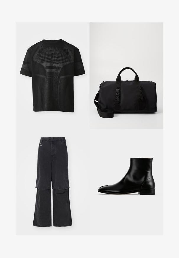 Sort sport T-shirt med korte ærmer og struktureret mønster samt diskret "MISBHV SPORT" tekst på fronten.; Études NOCTURNE - Jeans Relaxed Fit - black washed; Sort poleret læderankelstøvle med lav hæl og sidelås, slankt og glat design på en ensfarvet lys baggrund.; Sort duffel taske lavet af nylon med dobbelt håndtag, en aftagelig skulderrem, præget logo og et bagagemærke. Glat tekstur.