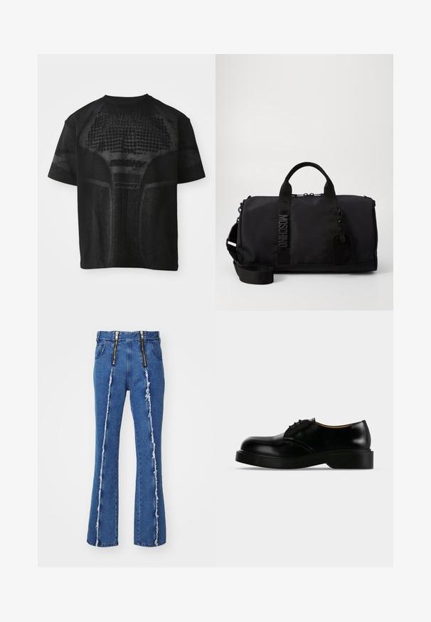 Schwarz, kurzärmliges Sport-T-Shirt mit strukturiertem Muster und dezentem "MISBHV SPORT"-Text auf der Vorderseite.; GmbH FAISAL - Jeans Straight Leg - denim blue; Schwarzer, polierter Lederschnürschuh mit dicker Sohle, abgerundeter Spitze und niedrigem Absatz, von der Seite auf einfarbigem Hintergrund dargestellt.; Schwarze Sporttasche aus Nylon mit doppelten Griffen, abnehmbarem Schultergurt, geprägtem Logo und einem Gepäckanhänger. Glatte Textur.