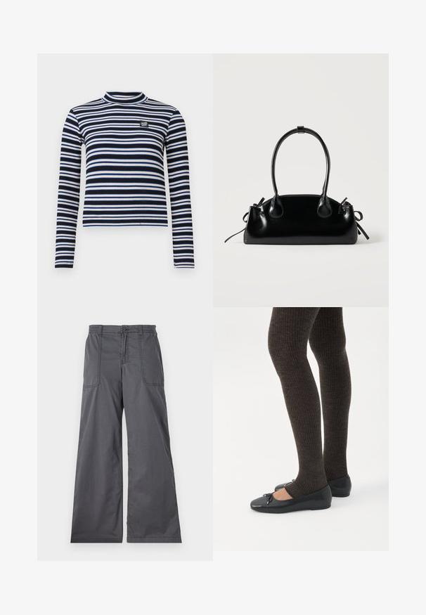 Zwart-wit gestreepte lange mouw top met hoge hals, geribbelde textuur, met blauwe en beige accenten en een klein logo op de borst.; Grijze wijde broek met een gladde textuur, voorzien van voorzakken, een knoopsluiting en gestikte details langs de naden.; Benen met donkere geribbelde leggings gecombineerd met zwarte ballerina's met kleine strikdetails op een witte achtergrond.; Kleine zwarte glanzende handtas met twee lange hengsels en zijkant trekkoord details op een effen lichte achtergrond.