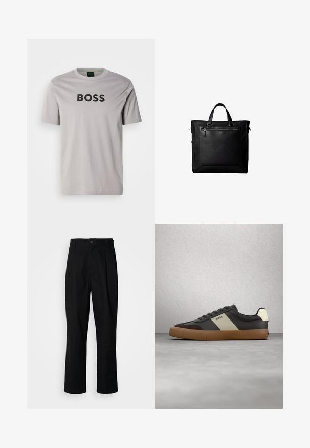 T-shirt gris clair à manches courtes en coton, avec un grand logo noir "BOSS" sur le devant. Col rond classique.; Pantalons noirs à jambes droites avec une taille à bouton, passants de ceinture et pli avant, présentés sur un fond blanc uni.; Baskets noires et brunes avec une bande beige et le logo "BOSS", flottant au-dessus d'un sol en béton gris et d'un mur en blocs de verre en arrière-plan.; Sac cabas noir avec doubles poignées, grande poche avant en cuir avec fermeture éclair et logo discret Calvin Klein au centre de la poche.